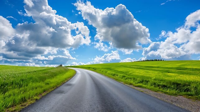 Generative AI : asphalt road through the green field and clouds on blue sky in summer day