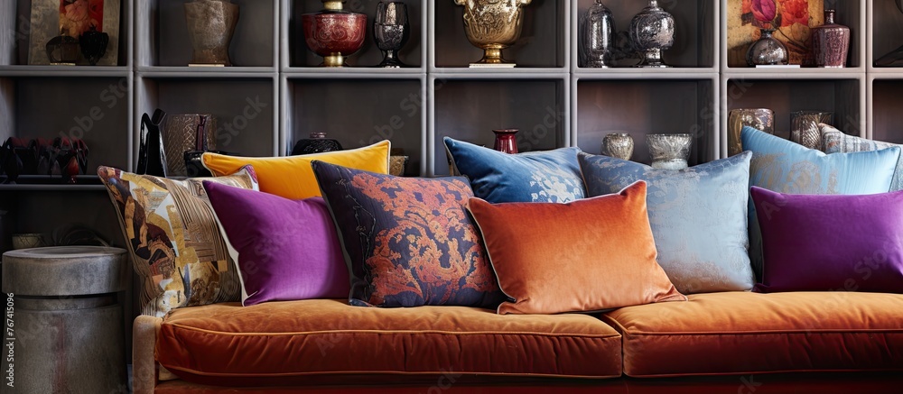 Poster a detailed view of a couch adorned with numerous vibrant cushions in various shades and patterns