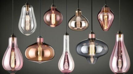  a bunch of different colored light bulbs hanging from a line of lightbulbs in various shapes and sizes.