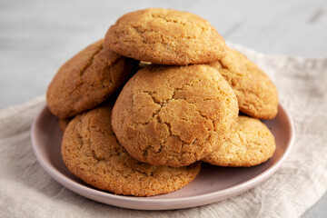 Homemade Soft And Chewy Snickerdoodle Cookies on a Plate, side view.