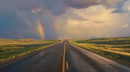 Generative AI : Storm clouds gather over a road that leads into the distance, with rainfall and a rainbow in the distance - obrazy, fototapety, plakaty