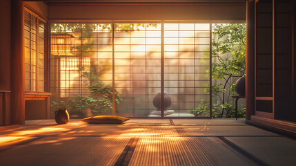 Traditional Japanese tea room with tatami mats and shoji screens. - obrazy, fototapety, plakaty