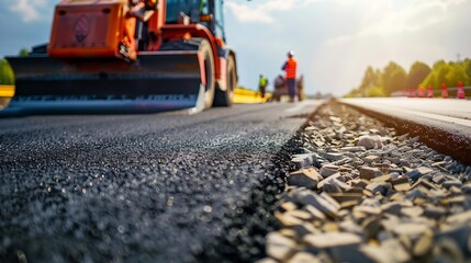 Generative AI : Construction site is laying new asphalt road pavement,road construction workers and...