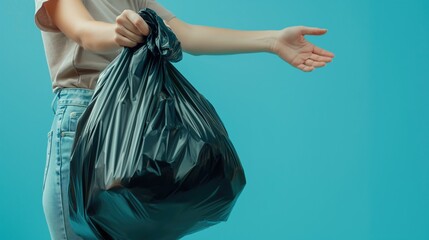 Closeup woman hand throwing away black polyethylene garbage bag on isolated blue background with space for copy