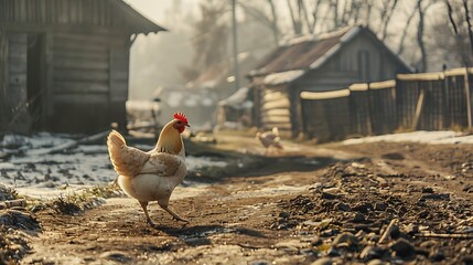 Generative AI : chicken walking on an eco-poultry farm in winter, free-range chicken farm - obrazy, fototapety, plakaty