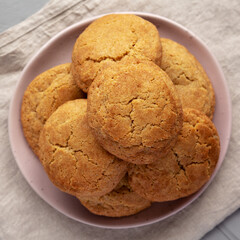 Homemade Soft And Chewy Snickerdoodle Cookies on a Plate, top view. Flat lay, overhead, from above.