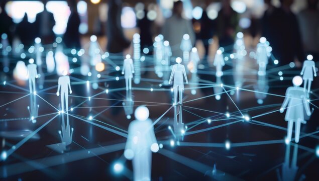 Business people in suits stand in the background of glass, blurred figures and light connection lines between them with icon human shapes on the table top Generative AI