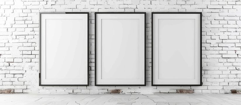 Three empty frames on a white brick textured backdrop, a simulated version.