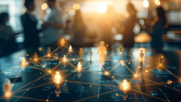 Business people standing in front of an office table with icons representing human connection and networks, with a blurred background Generative AI