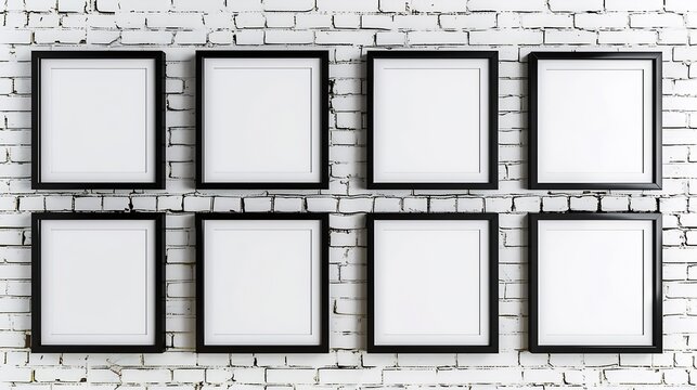 Generative AI : Black wooden photo frames mockup, eight set collection on white bricks wall