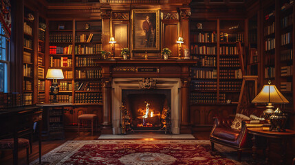 Traditional library with wood paneling and a cozy fireplace. - obrazy, fototapety, plakaty