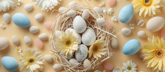 Fototapeta premium Easter-themed decorations with candies and flowers on a beige background, symbolizing the joy of Easter. The display includes white and blue eggs in a nest with treats.