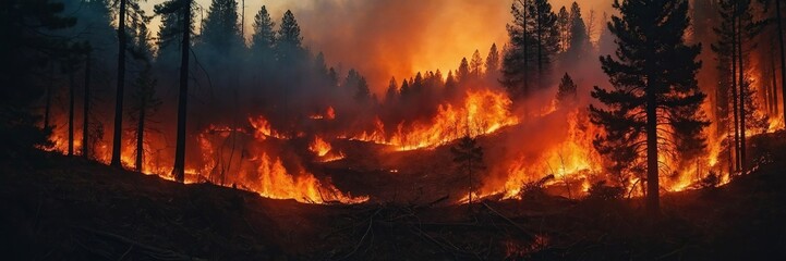 Fiery wildfire engulfing forest or urban area - obrazy, fototapety, plakaty
