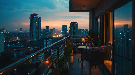 Urban balcony with compact furniture and city views. - obrazy, fototapety, plakaty