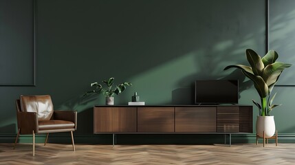 Generative AI : Modern interior of living room with armchair and cabinet for tv on dark green color wall background.3d rendering