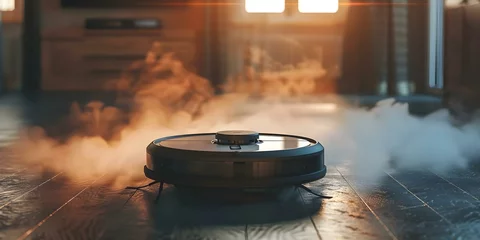 Fototapeten A robot vacuum with steam cleaning capability in action efficiently cleaning a dusty floor. Concept Robot Vacuum, Steam Cleaning, Efficient Cleaning, Dusty Floor, Smart Technology © Ян Заболотний