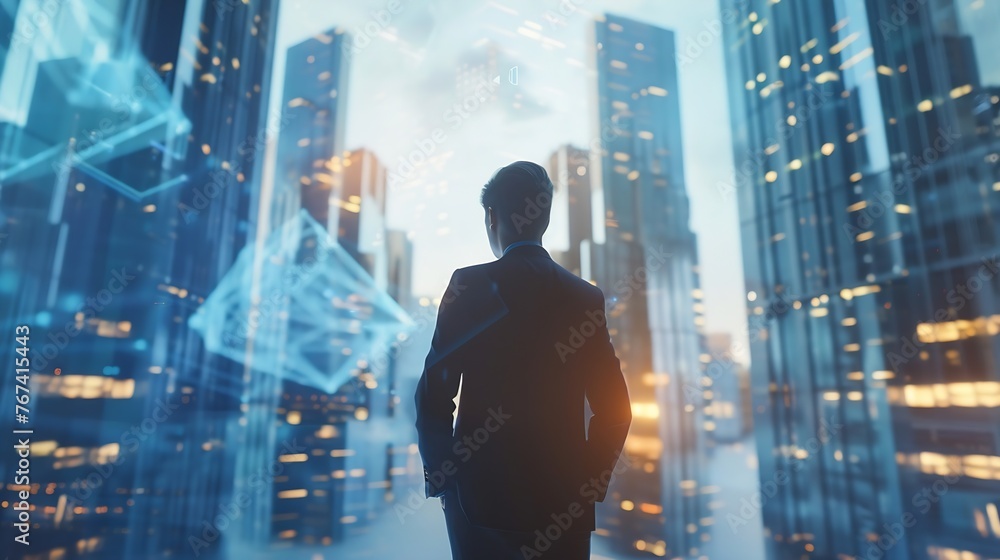 Poster generative ai : the investor looks at the virtual view of the future object.