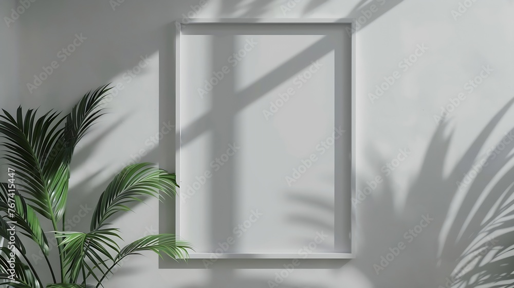 Poster generative ai : simple minimalist frame mockup poster hanging on the white wall with plant frame moc