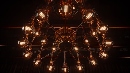  a chandelier hanging from a ceiling in a dark room with light bulbs in the middle of the chandelier.