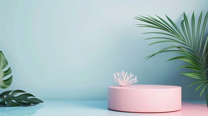 Generative AI : Pink coral cylinder podium abstract geometric tropical, blue background. Exotic natural palm leaf. Pastel pedestal modern. 