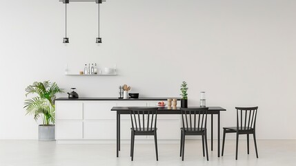 Generative AI : Dining room and kitchen,black metal table set copy space on white wall background,frame for mockup, front view