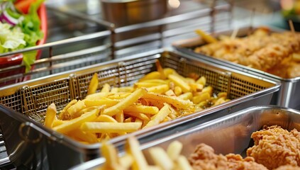 French fries in a frying basket filled with hot oil ready to be served at a fast food restaurant.
