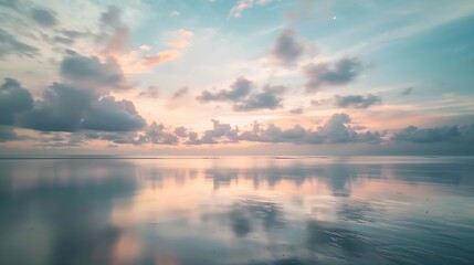 Fototapeta premium Generative AI : Landscape Long exposure of majestic clouds in the sky sunset or sunrise over sea with reflection in the tropical sea.