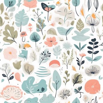 A collection of seamless pattern, colorful abstract plants and flowers. Hand drawn Collection of leaves and flowers. A close up of a pattern of flowers and leaves.
