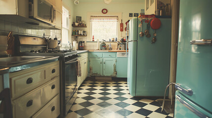 Vintage-inspired kitchen with retro appliances and checkerboard floors.