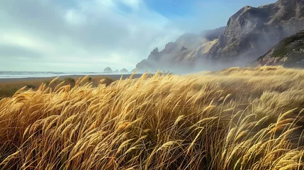 Fotobehang Generative AI : Golden Veldt grass with incoming fog on a windy day along the California coast. © The Little Hut