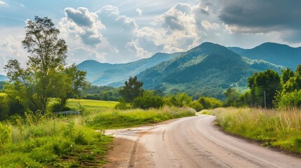 Generative AI : country road and green mountains in summer.