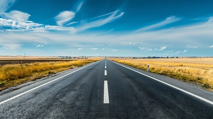 Generative AI : highway in steppe against a blue sky,long road stretching out into the distance