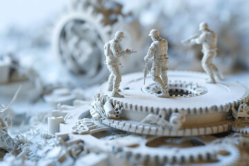 miniature people. figures of male workers repairing gear mechanisms. industry and business production concept