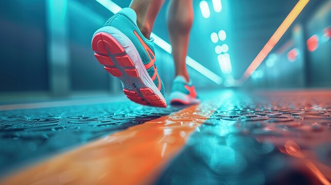 Portrait low angle of a person running using sports shoes, gradient background