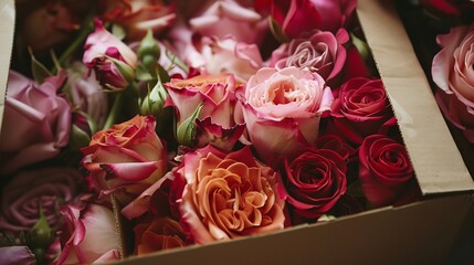 Generative AI : Close up view of beautiful flowers mix in the box. Unpacking and deliver roses. 