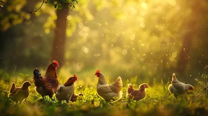 Fotobehang Generative AI : Hen with chickens outdoors on a pasture in the sun. Organic poultry farm. nature farming. © The Little Hut
