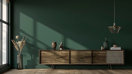 Generative AI : Living room with cabinet for tv on dark green color wall background.3d rendering - obrazy, fototapety, plakaty