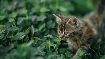 Naklejka na ściany i meble Generative AI : A lop-eared cat kitten walks outside in the green grass among the clovers.