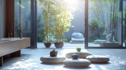 Zen-inspired meditation room with natural elements and serene colors.