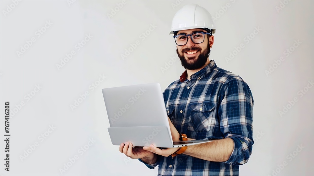 Aufkleber Generative AI : A handsome male engineer or architect with a white helmet. Male engineer standing with laptop 