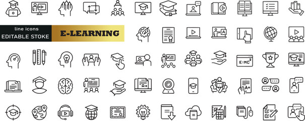 E-learning, online education icons set. 60 Electronic learning icons. Distance learning collection outline icons collection
