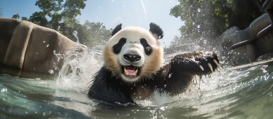 A carnivorous panda with fur is swimming in the liquid water with its snout open, showcasing its...
