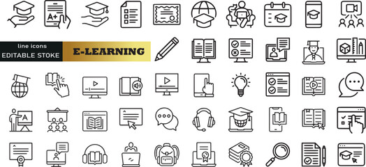 E-learning, online education icons set. 60 Electronic learning icons. Distance learning collection outline icons collection © Ayoub