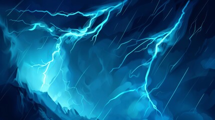  a digital painting of a lightning storm in a dark blue sky with white clouds and blue lightning streaks on the left side of the image.