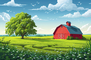 Rural landscape with a farm on field. Beautiful nature with sunny green hills, red old barn and blue sky. Country background for card, banner, poster	
 - obrazy, fototapety, plakaty