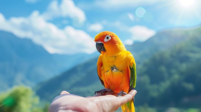 Generative AI : Sun conure parrot or bird Beautiful is aratinga has yellow on hand background Blur mountains and sky