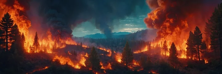 Tuinposter Fiery wildfire engulfing forest or urban area © Sahaidachnyi Roman