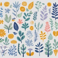 A collection of seamless pattern, colorful abstract plants and flowers. Hand drawn Collection of leaves and flowers. A close up of a pattern of flowers and leaves.
