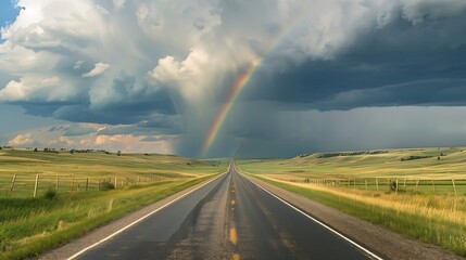 Generative AI : Storm clouds gather over a road that leads into the distance, with rainfall and a rainbow in the distance
