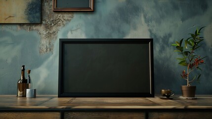 Generative AI : Blank frame photo on wood table with copy space